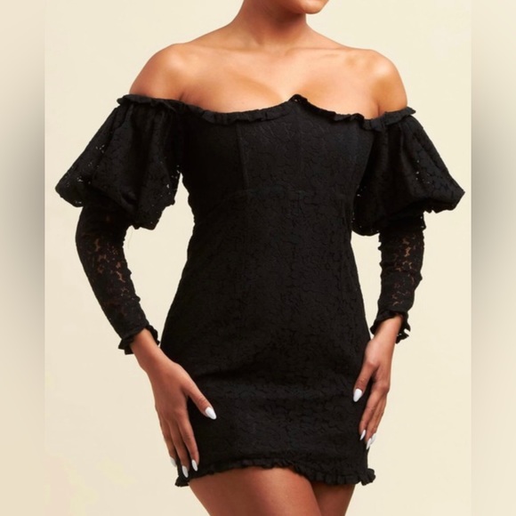 Black Lace Polka Dot Puff Sleeve Mini Dress - Picture 1 of 2